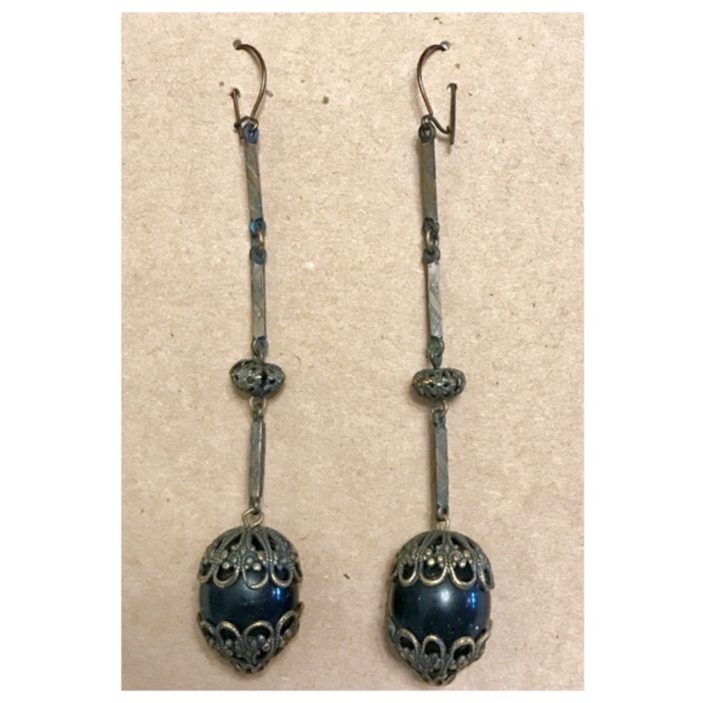 Vintage Antique Brass Filigree Black Drop Earrings